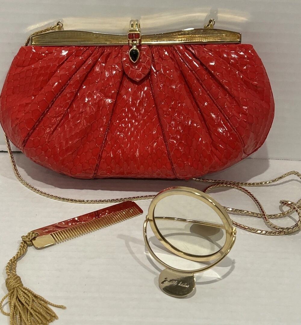 Rare style Judith Leiber Red SnakeSkin Evening Handbag Gemstone Chain